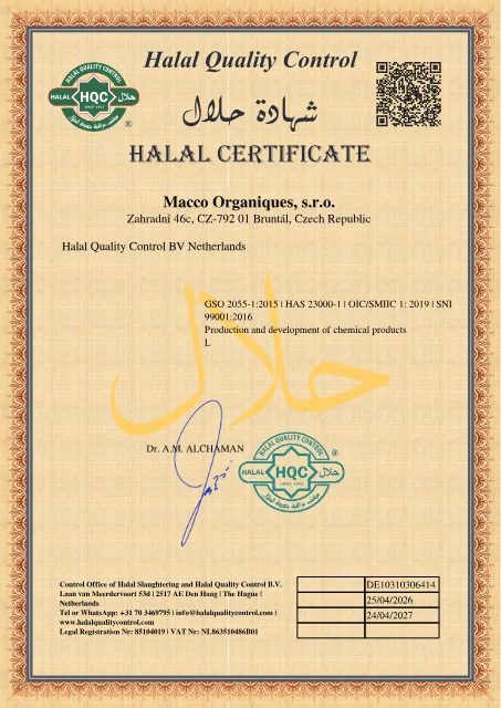 Mineral Supplier Halal Certificate issued by Halal Quality Control B.V., Netherlands