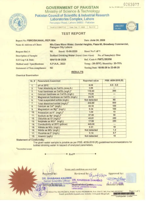 Water Quality Test Report issued by PCSIR Laboratories Complex, Lahore
